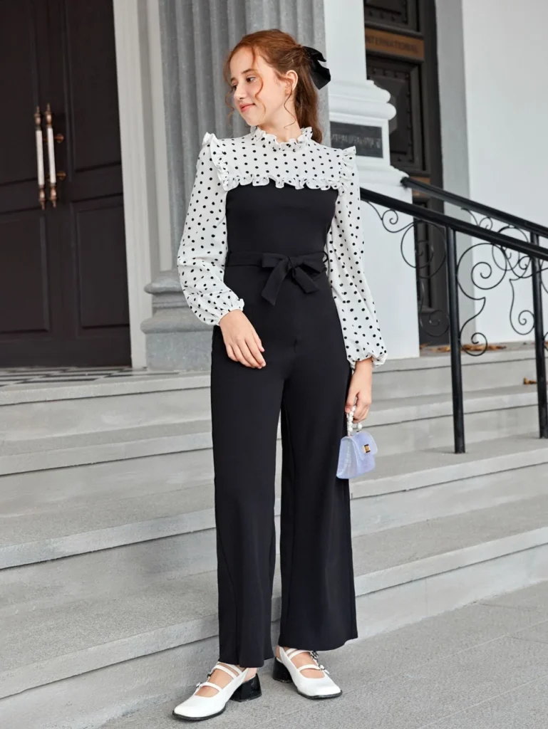 Teen Girls Polka Dot Ruffle Trim Belted Jumpsuit - Image 2