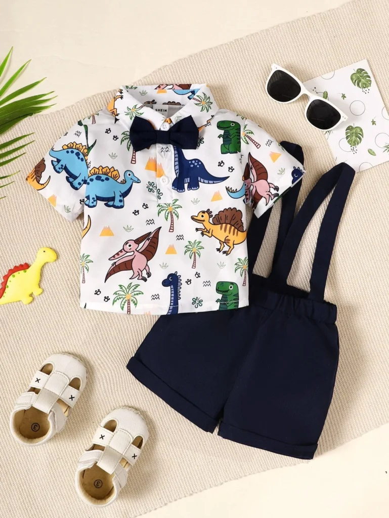 Baby Boy Dinosaur Print Bow Front Shirt & Pinafore Shorts - Image 2
