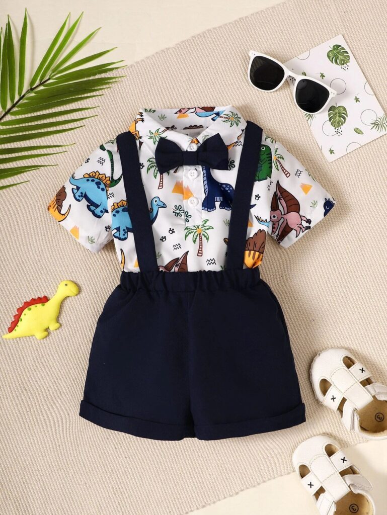 Baby boy dinosaur print bow shirt with pinafore shorts | Little Fit