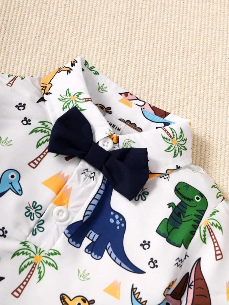 Baby Boy Dinosaur Print Bow Front Shirt & Pinafore Shorts - Image 4