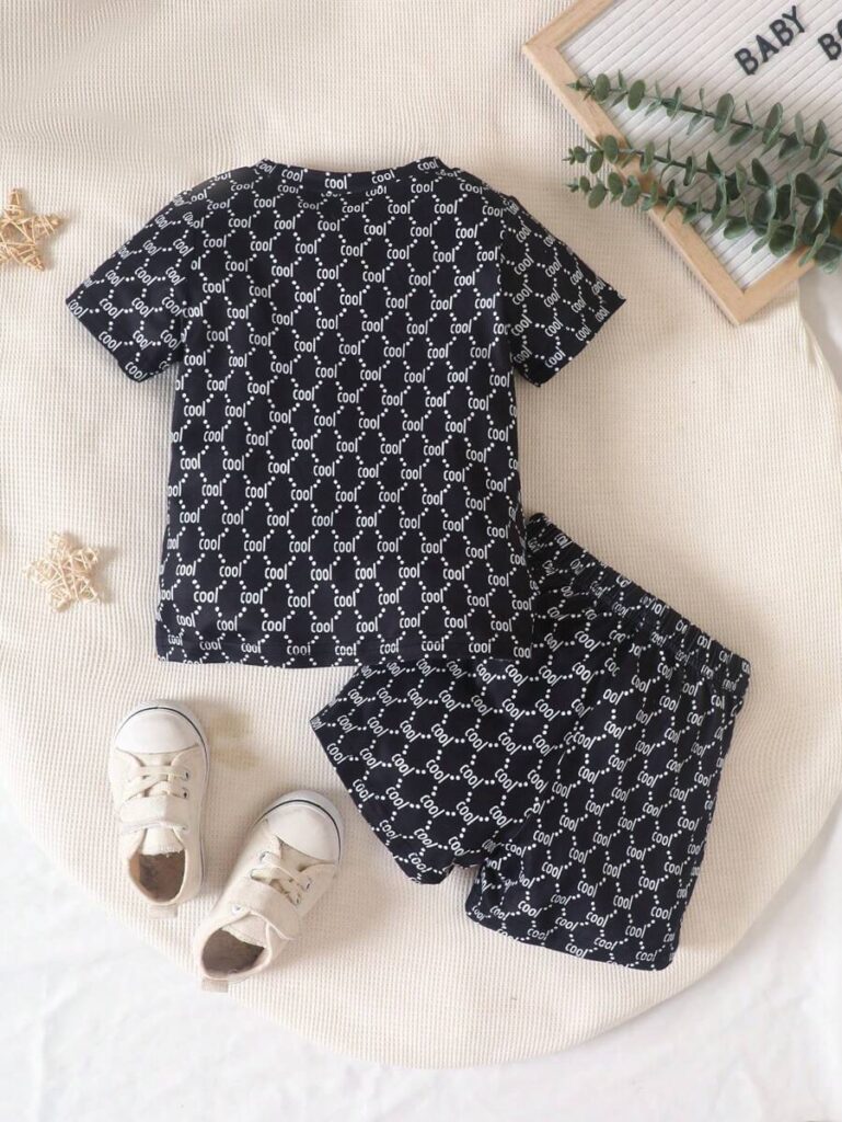 Baby Boy Summer Casual All-Over Letter Print T-Shirt And Shorts Set - Image 2