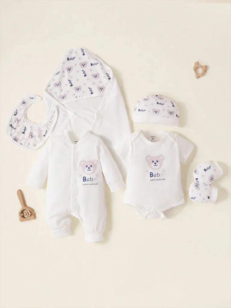 Newborn baby boy 6pcs clothing set with bodysuit, jumpsuit, blanket, hat, bib, and gloves | Little Fit
