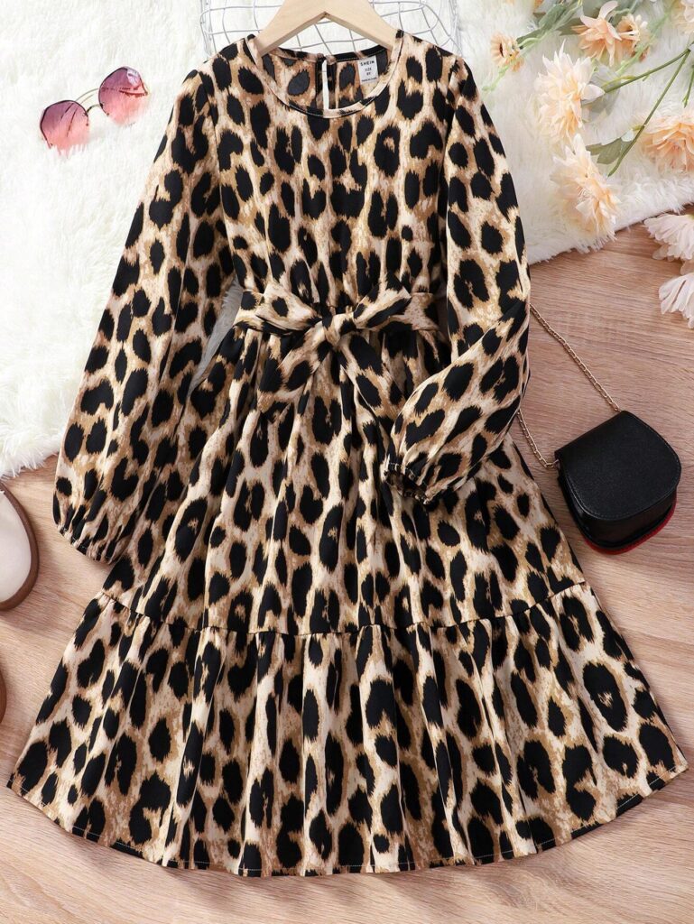 Teenage Girls' Leopard Print Lantern Sleeve Belted Dress - Image 2