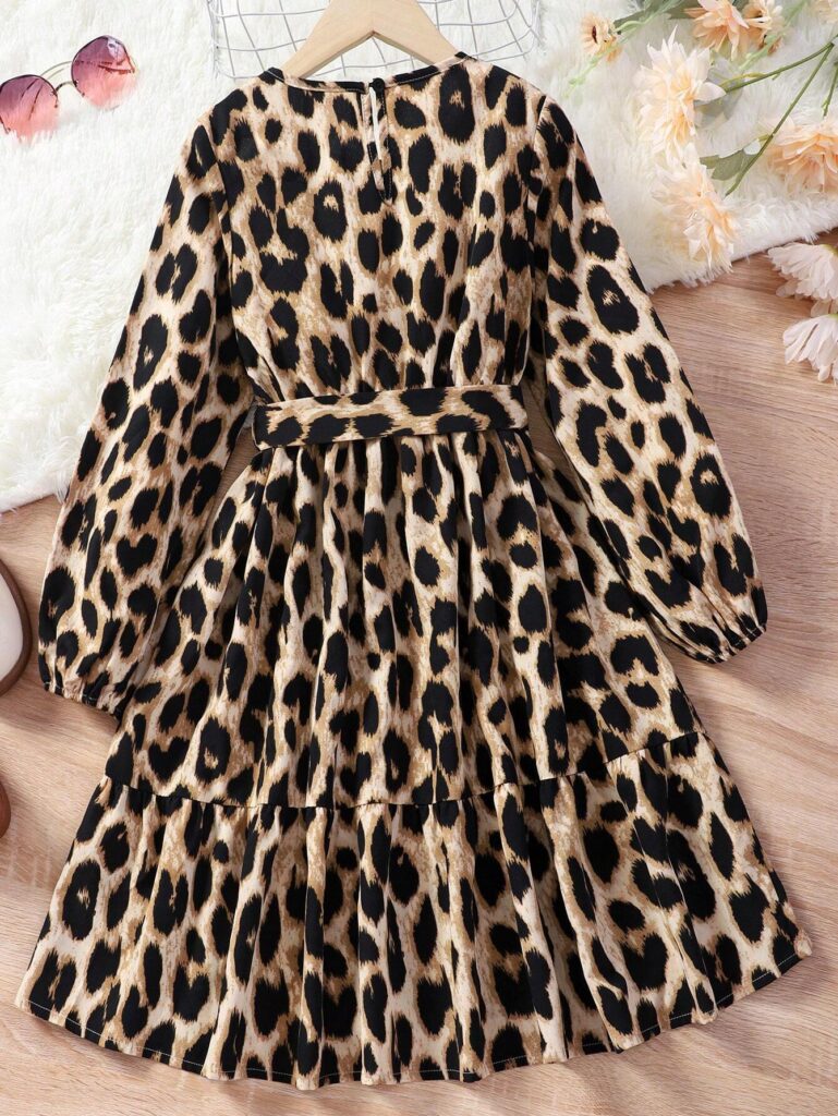 Teenage Girls' Leopard Print Lantern Sleeve Belted Dress - Image 3