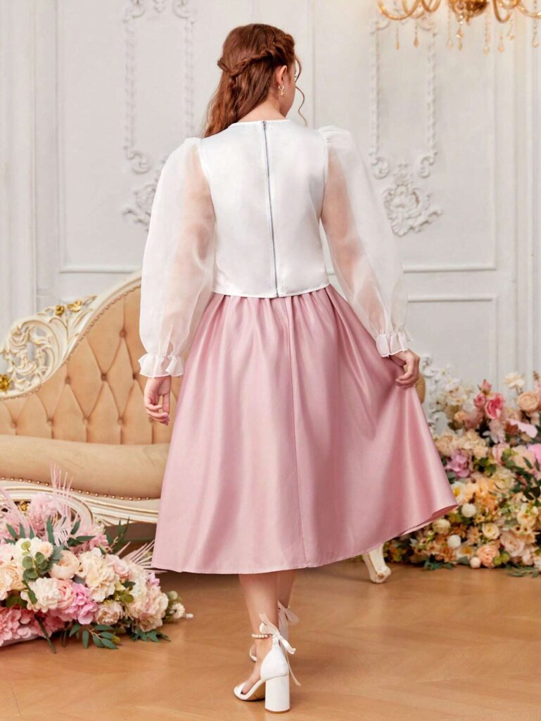 2pcs/Set Teenage Girl's Embroidered Puff Sleeve Shirt And Skirt - Image 2