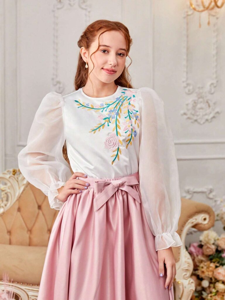 2pcs/Set Teenage Girl's Embroidered Puff Sleeve Shirt And Skirt - Image 3