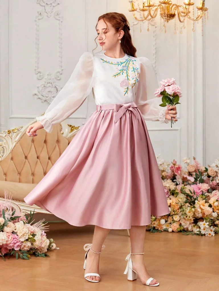 Teen girls embroidered puff sleeve shirt and skirt set | Little Fit