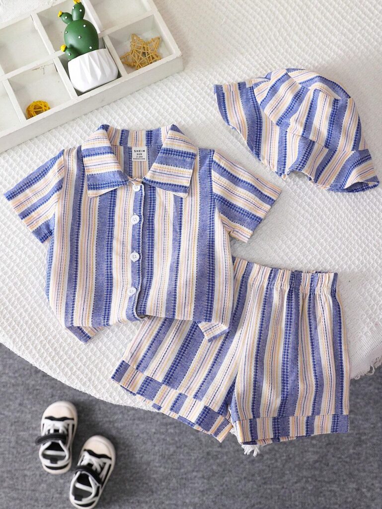 3pcs baby boys striped shirt, shorts, and hat outfit set | Little Fit