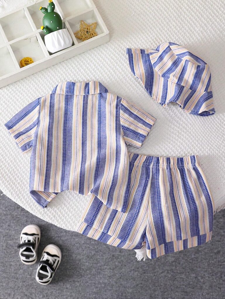 3-Piece Leisure Texture Striped Fabric Short Sleeve Shirt And Shorts And Hat Set - Image 2