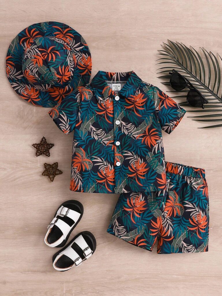 Baby boys tropical print shirt and shorts set with hat | Little Fit