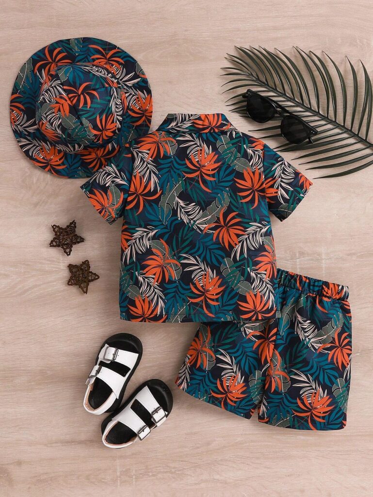 Baby Boys' Fashionable Tropical Plant/Flower Pattern Printed Shirt Collared Top And Shorts With Hat, - Image 2