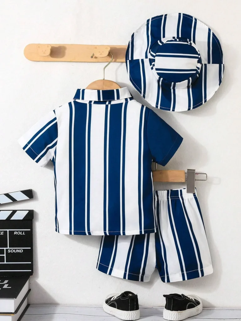 3pcs/Set Baby Boys' Summer Casual Striped Short Sleeve Shirt, Shorts And Hat Outfit - Image 2