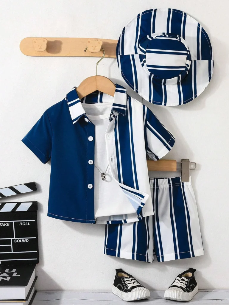 3pcs baby boy summer striped outfit with shirt shorts and hat | Little Fit