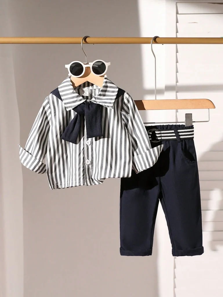 Baby boy 2pcs striped shirt and black pants outfit | Little Fit