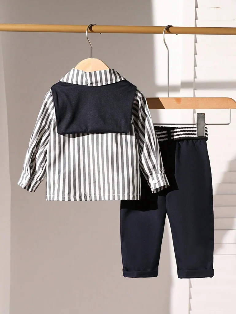 Baby Boy 2pcs Set: Striped Stylish Shirt And Black Suit Pants - Image 2