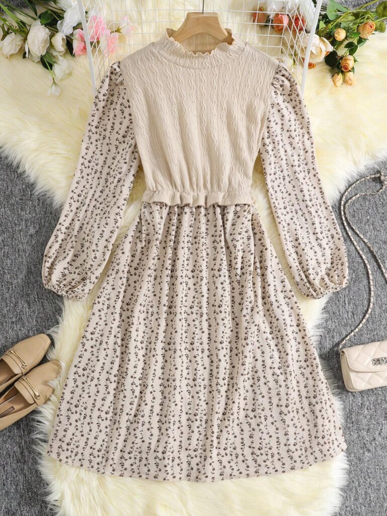 Teen Girl Brown Knitted Solid Color Jacquard Patchwork Floral Long Dress - Image 2
