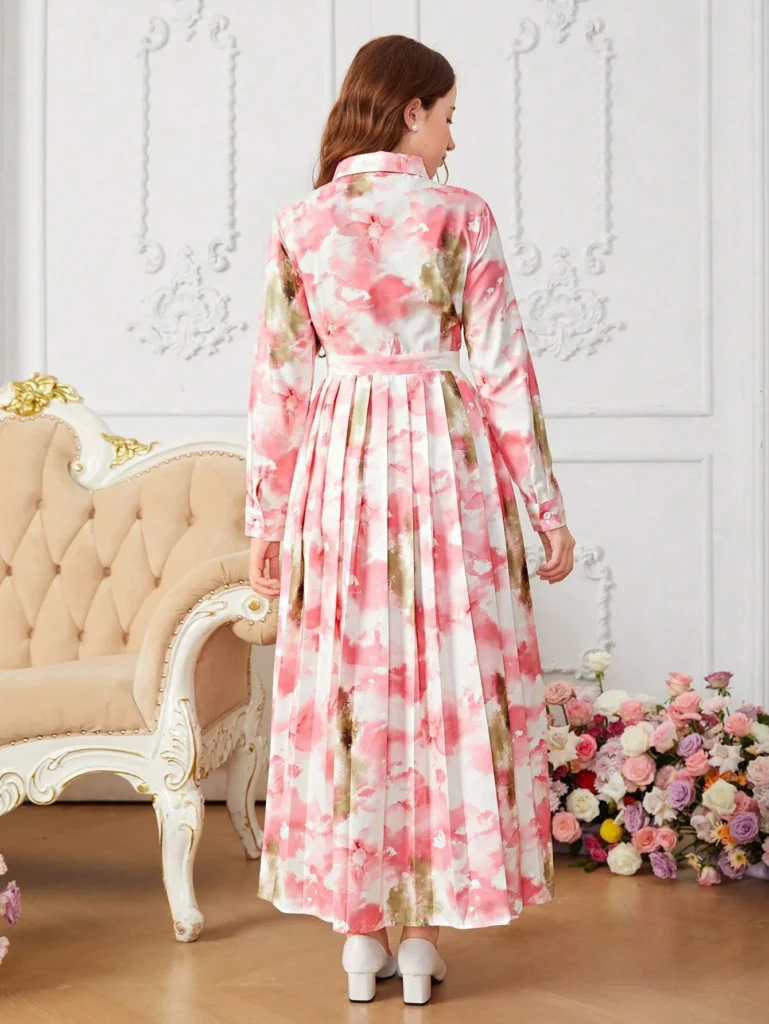 Teenage Girl's Elegant Floral Print Collared Long Sleeve Pleated Hem Dress - Image 3