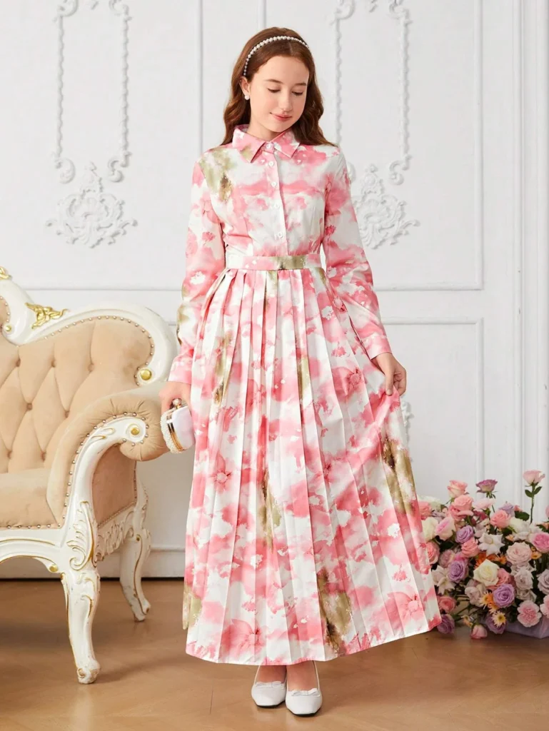 Teenage Girl's Elegant Floral Print Collared Long Sleeve Pleated Hem Dress - Image 2