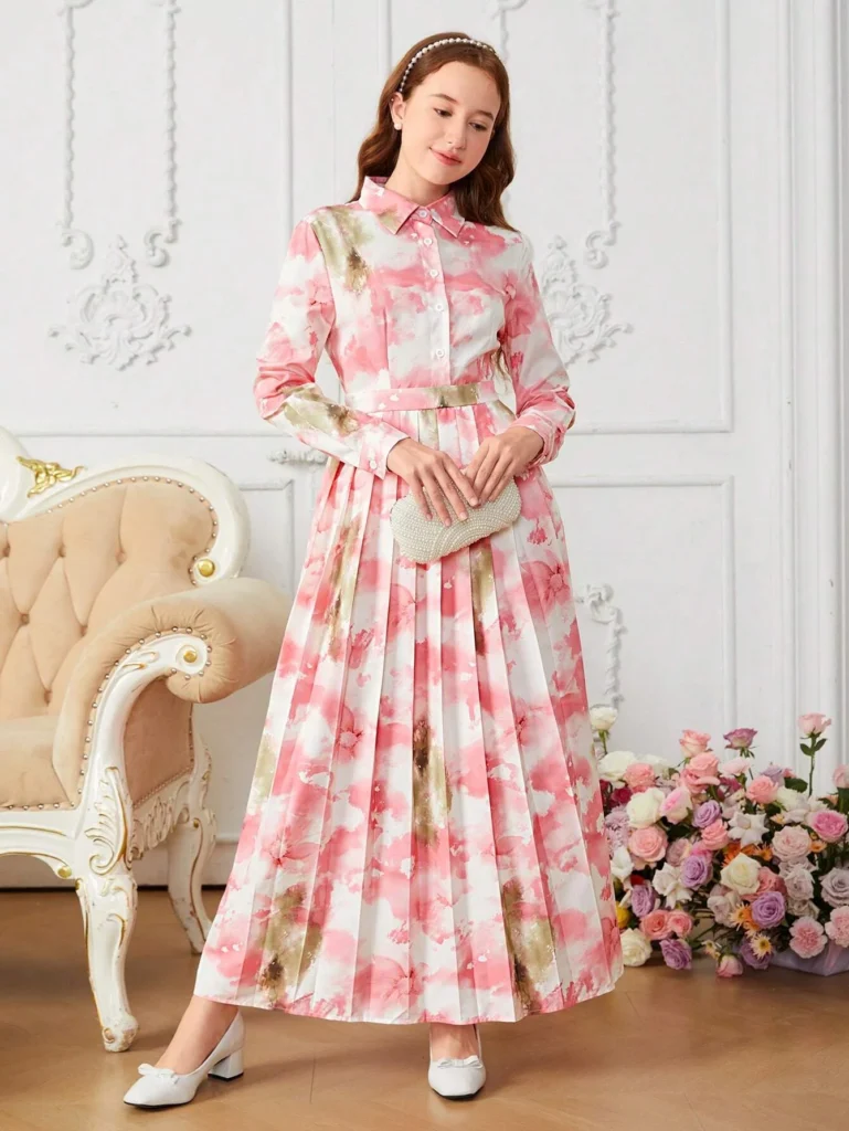 Teen girls floral print collared long sleeve pleated dress | Little Fit