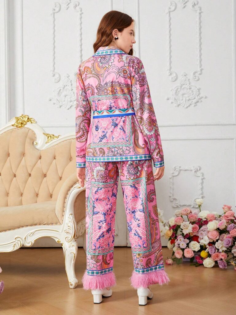 2pcs/Set Teenage Girls Elegant Floral Print Self-Tie Bow Collar Shirt And Fringed Wide Leg Pants - Image 2