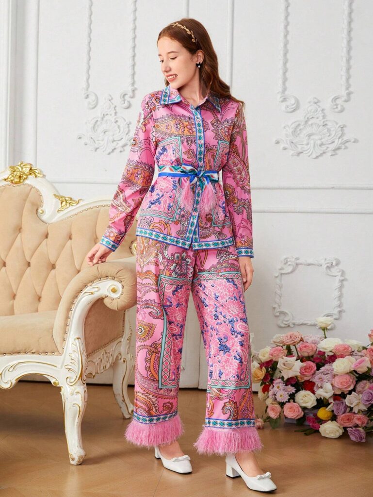 Teen girls floral print bow collar shirt and pants set | Little Fit