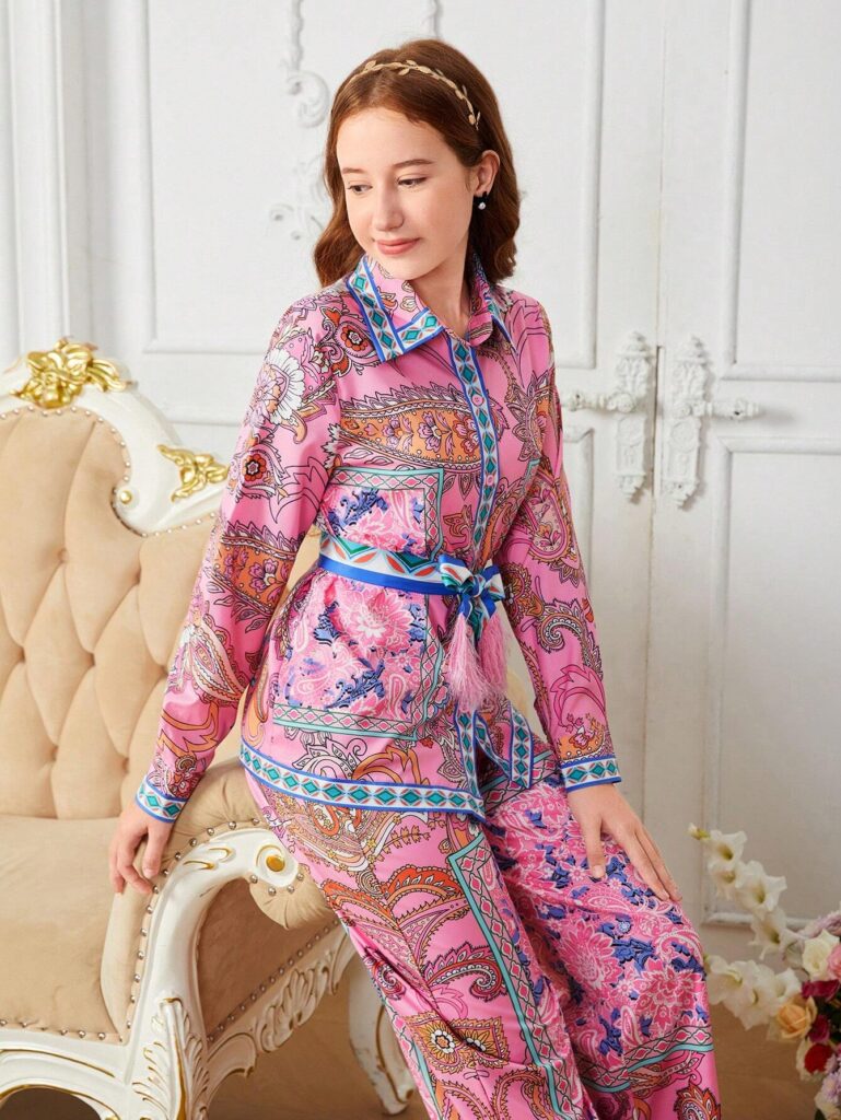 2pcs/Set Teenage Girls Elegant Floral Print Self-Tie Bow Collar Shirt And Fringed Wide Leg Pants - Image 3