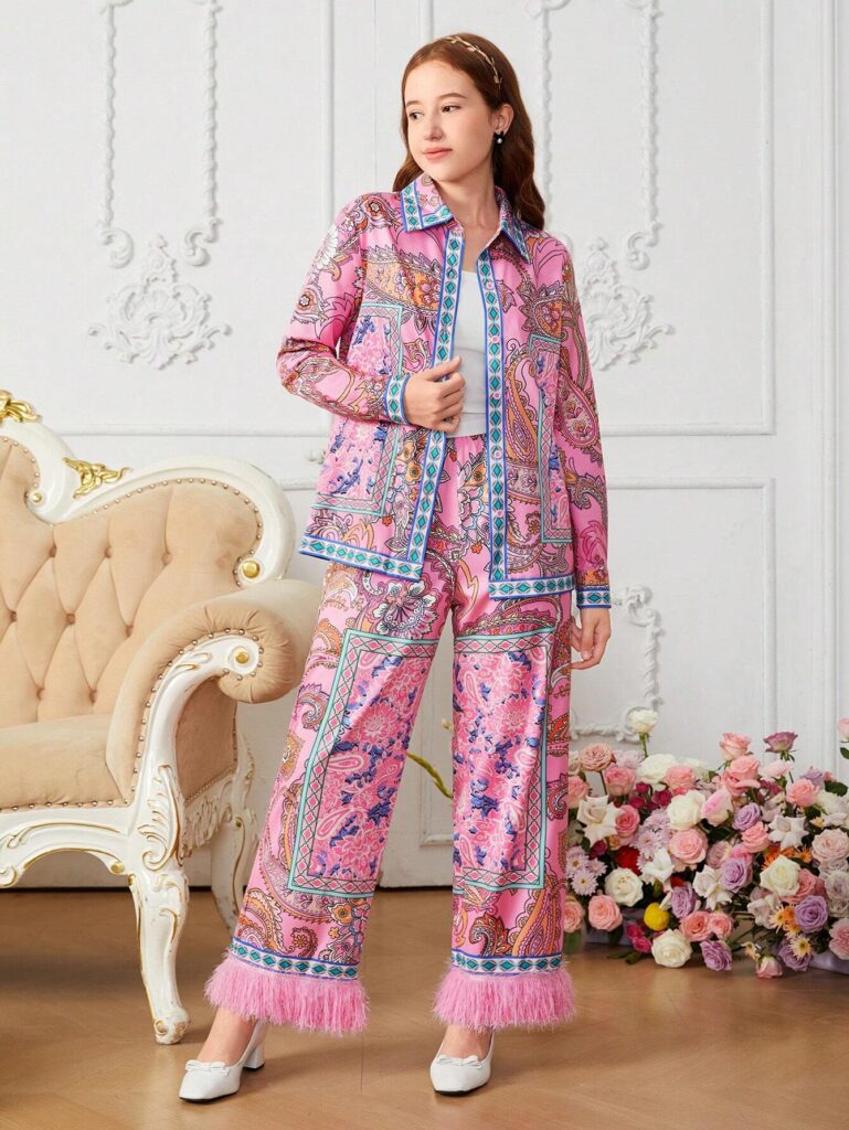 2pcs/Set Teenage Girls Elegant Floral Print Self-Tie Bow Collar Shirt And Fringed Wide Leg Pants - Image 4