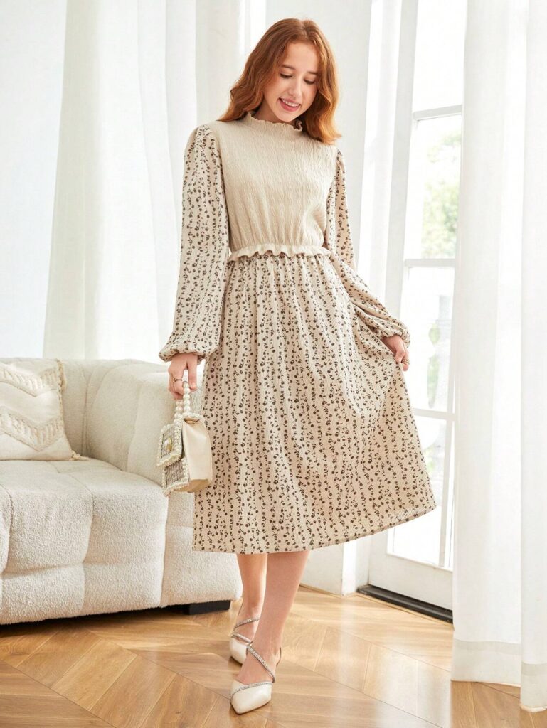 Teen girls brown knitted jacquard floral long dress | Little Fit