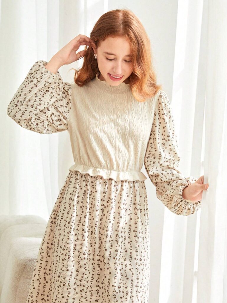 Teen Girl Brown Knitted Solid Color Jacquard Patchwork Floral Long Dress - Image 3