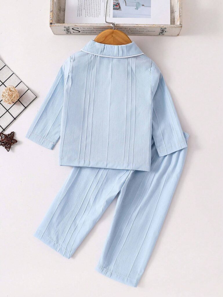 2pcs Toddler Boy's Solid Blue Casual Long Sleeve Top And Long Pants - Image 2