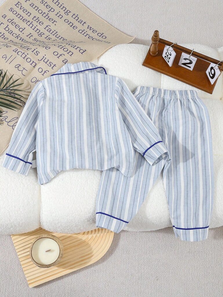 2pcs Boys' Simple Classic Blue Stripe Cardigan & Pants - Image 2