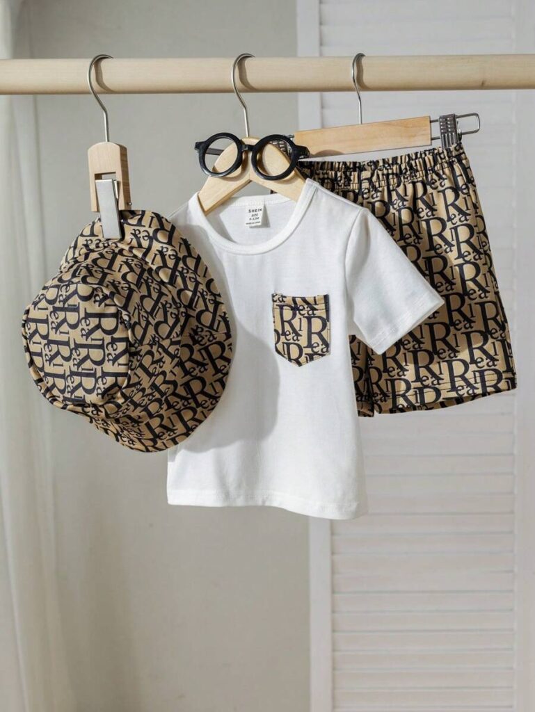 Baby boy all-over print knit t-shirt, shorts and hat outfit set | Little Fit