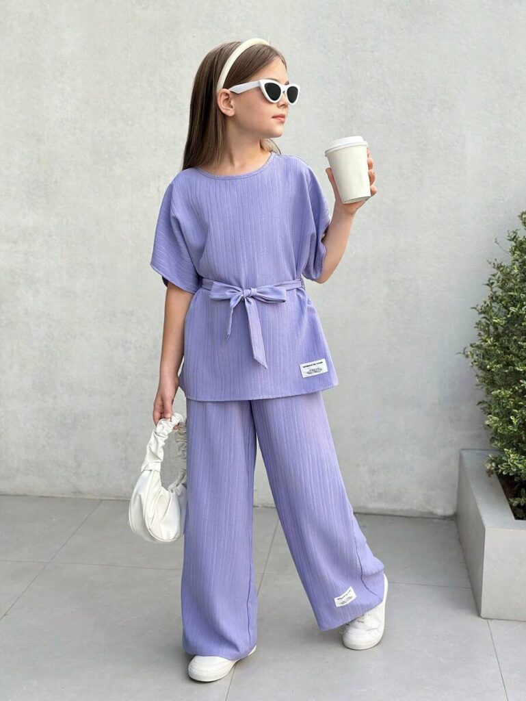 Tween Girls Textured Loose Tie-Waist Blouse and Wide Leg Pants | Little Fit