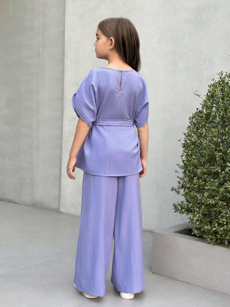 Tween Girls Textured Loose Drop Shoulder Tie-Waist Letter Print Blouse And Wide Leg Pants - Image 2