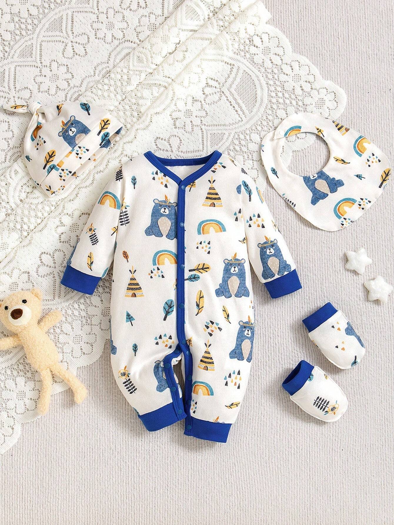 4pcs baby boy rainbow bear romper set with hat bib mittens | Little Fit