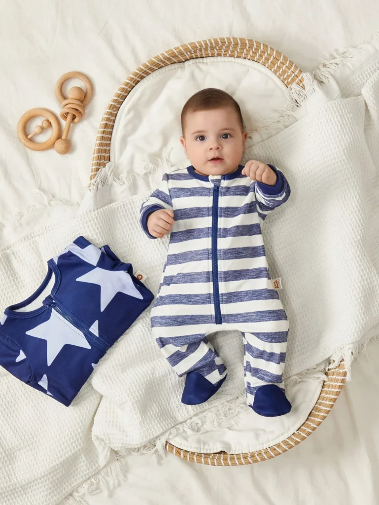 Cozy Pixies 2pcs Newborn Baby Boy Star & Stripe Knit Soft Round Neck Long Sleeve Footed Romper Pants Set - Image 2