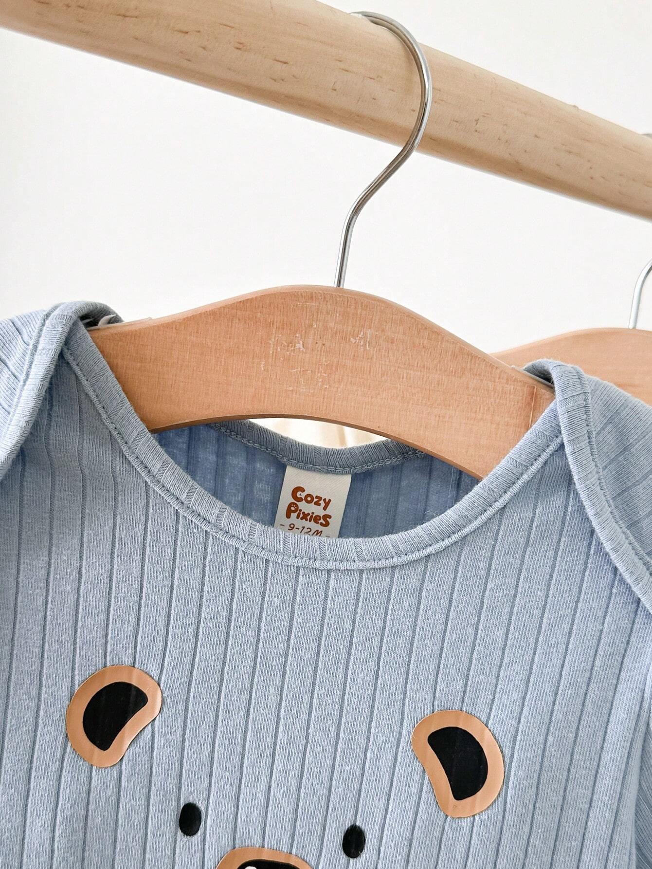 Cozy Pixies Newborn Baby Boy Panda Pattern Knitted Soft Round Neck Short Sleeve Bodysuit - Image 3