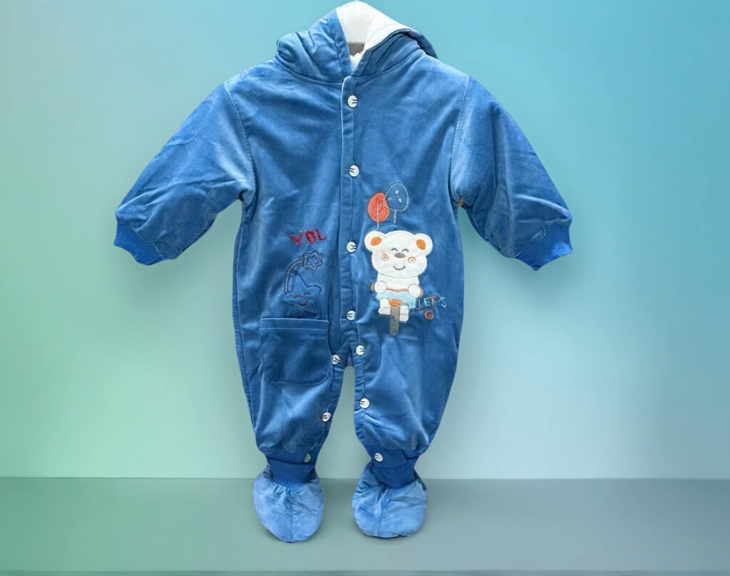 baby boys blue hooded snowsuit with puppy embroidery