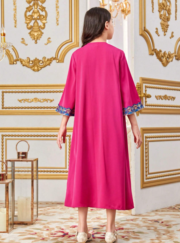 2pcs/Set Tween Girls' Loose Fit Sleeveless Patchwork Belted V-Neck Dress And Open Front Coat - Image 2