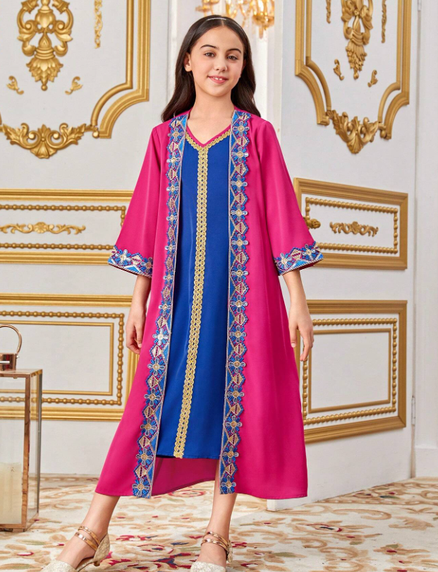 2pcs/Set Tween Girls' Loose Fit Sleeveless Patchwork Belted V-Neck Dress And Open Front Coat - Image 3